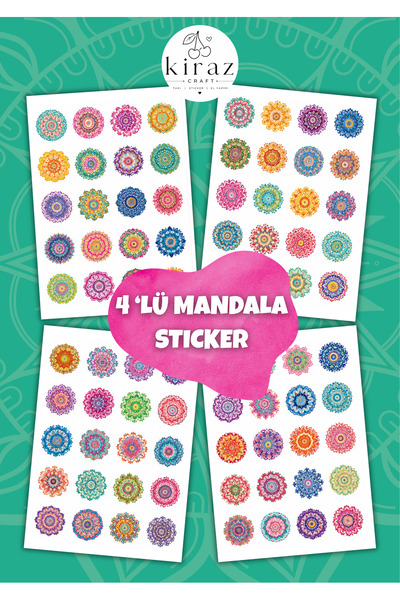 Kiraz Craft 4'lü Mandala Sticker Seti | Renkli Bohem Estetik Mandala Çıkartma...