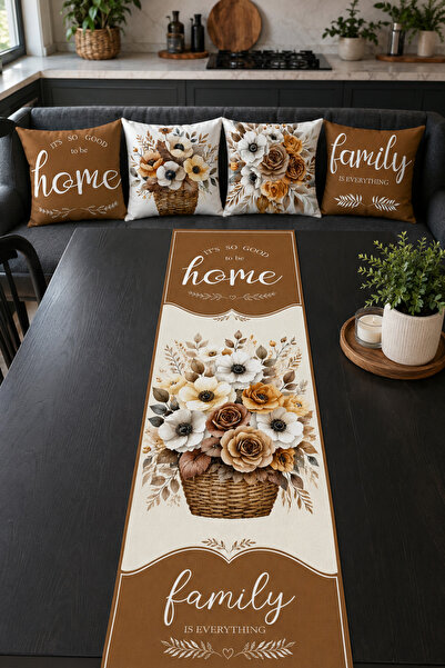 HOMESSA Brown Flower Basket Home Family Runner and Set of 4 Throw Pillow Covers
