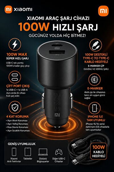 Xiaomi Mi 1A1C 100Watt Hızlı USB-C PD Araç Şarj Cihazı Çift Çıkışlı Çakmaklık...