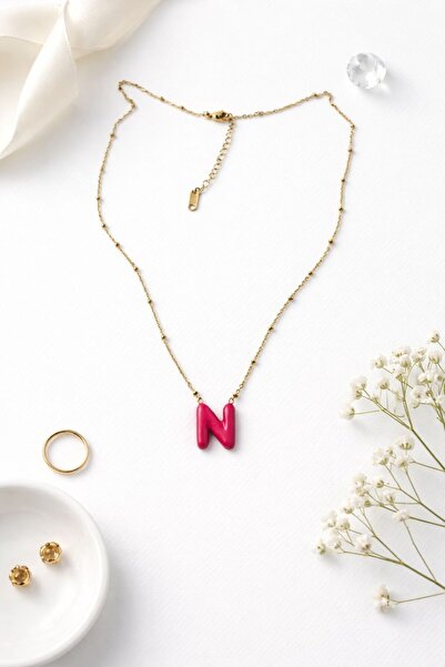 Archhazel Jewelery Letter N Fuchsia Enamel Gold Letter Necklace