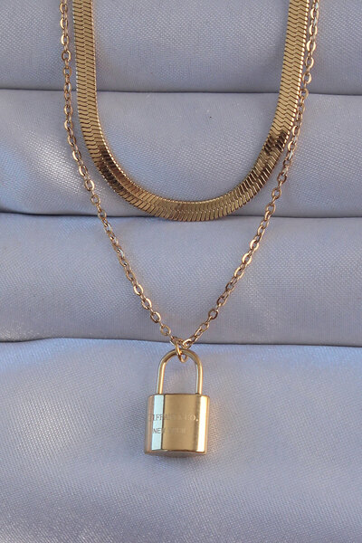 Mega Bazaar 316L Steel Gold Color Double Chain Lock Model Necklace