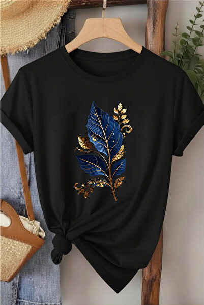 l'eivor Navy Blue Leaf Special Design Printed Cotton Women's T-Shirt
