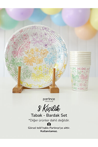 partince 8 Kişilik Kelebek Fiyonk Tema Kullan At Karton Tabak Bardak Parti Seti