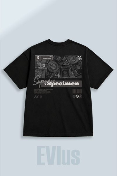 EVIus Tricou negru supradimensionat, imprimat, 100% bumbac, cu decolteu tip c...