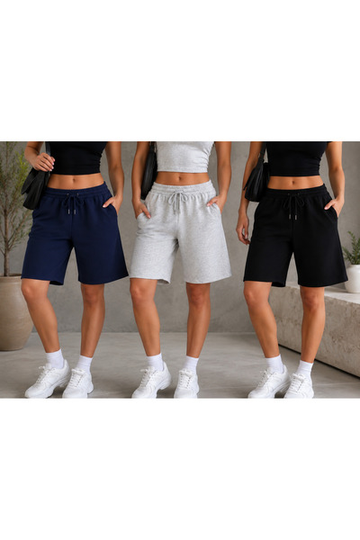 BERYY MODA 3 Pieces (Shorts) Black-Grey-Navy Blue Women's Oversize Fit Shorts...
