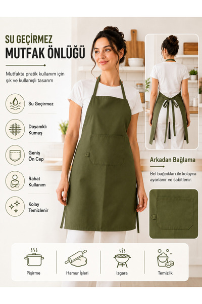 Ases Design Waterproof Khaki Green Kitchen Apron – with Front Pocket, Tie Back, Unisex Chef and Cooking Apron