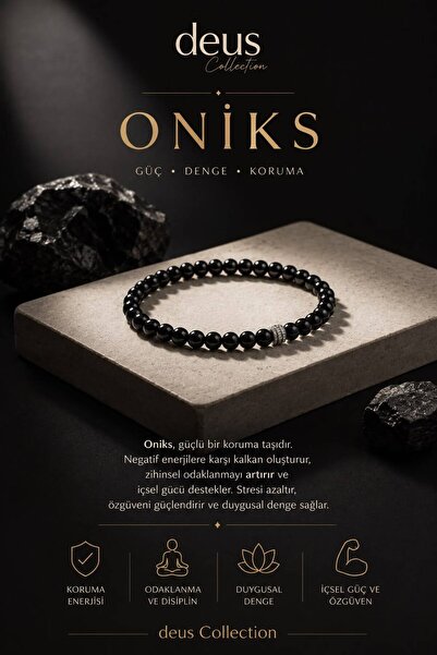 Deus Collection Oniks Doğaltaş Bileklik Siyah Doğal Taş Unisex Erkek Kadın Bi...