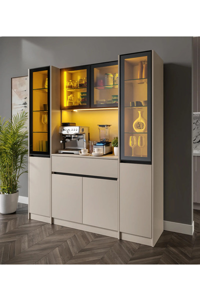 MaceraMobilya Viona Maxi Kum Beji Komple MDF LED Aydınlatmalı Kahve Köşesi