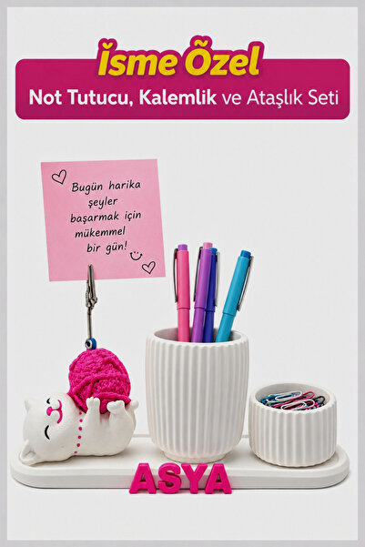 Mira Tasarım Kişiye Özel Not Tutucu, Kalemlik ve Ataşlık Seti - İsme Özel Mas...