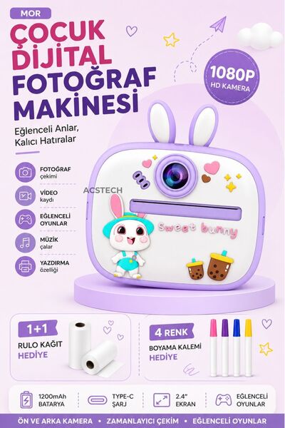 ACSTECH Fotoğraf Çıkaran Çocuk Dijital Fotoğraf Makinesi | Tatlı Tavşan Tasar...