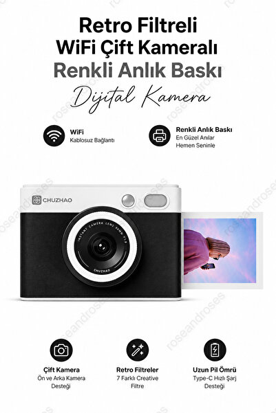 RoseandRoses Retro Filtreli WiFi Çift Kameralı Renkli Anlık Baskı Dijital Kam...