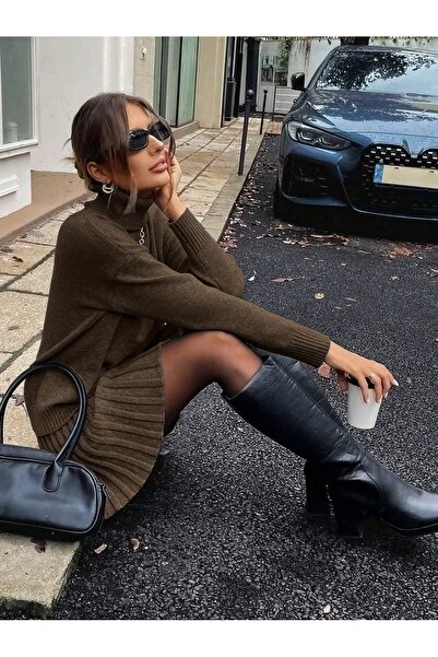 POİNE Pulover cu guler înalt și fustă mini plisată, set elegant de tricotaje