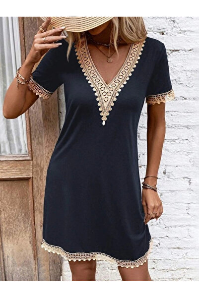 Beruflic Women's Short Sleeve V Lace Collar Viscose Short Dress