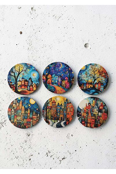 Halley Concept Fairy Tale City Patterned Decorative Wooden Coaster Diameter 1...