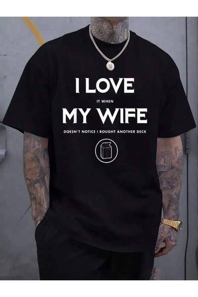 KYMC07 تي شيرت رجالي أسود قصير الأكمام بطباعة "I Love My Wife" من القطن 100٪ ...