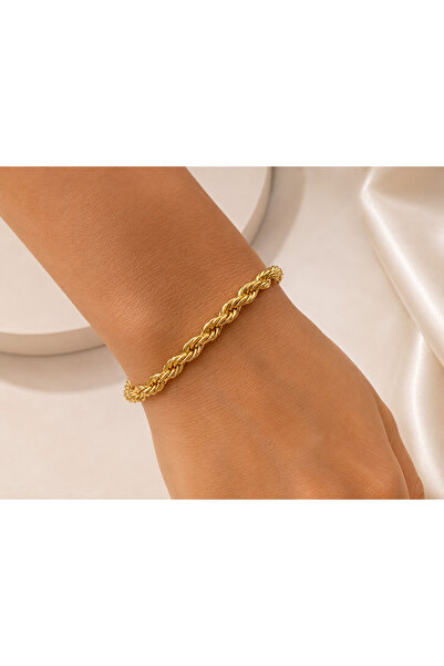 Yonida Jewelry 14K Gold Renk Kaplama Paslanmaz Çelik Burgu Halat Zincir Bileklik
