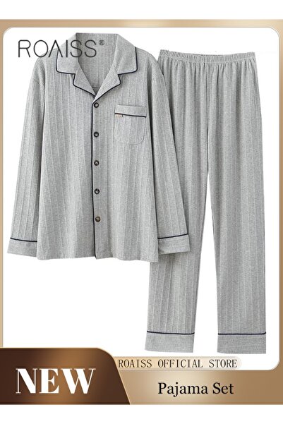 ROAISS 2-Piece Unisex Pure Cotton Pajama Set Long Sleeve Tops and Matching Pa...
