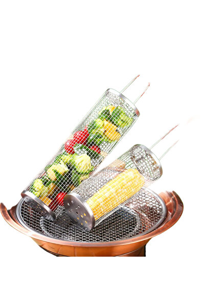lumina shop Two Portable Round BBQ Grill Basket, Stainless Steel Wire Mesh Ba...