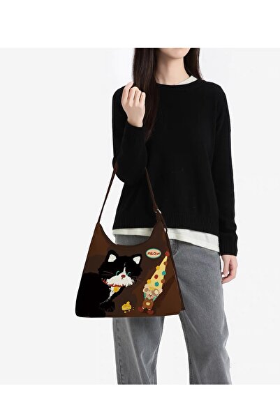 street&bagdnz Cat and Mouse Printed Thick Gabardine Shoulder Bag with Adjustable Strap and Zipper