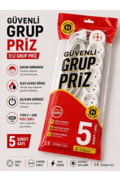 Tunçmatik 5'Lİ ANAHTARLI +TYPE C+USB+5 METRE KABLOLU GRUP PRİZ