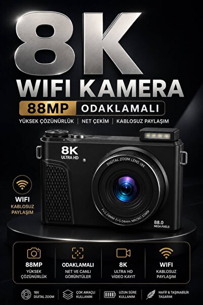 WUNİT 8K UHD 88 MP Dijital Kamera 18X ZOOM Flaş 3" 180° Flip Ekranlı Seyahat ...