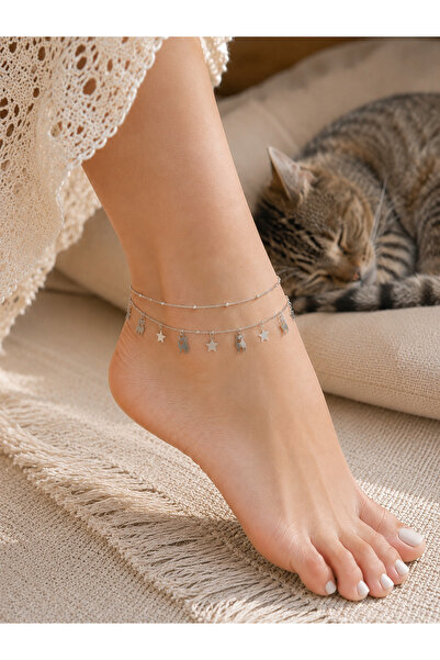 Vinlora Design Double Row Anklet with Cat and Star Figures – Handmade Elegant...