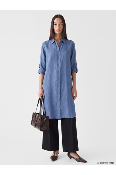 LC Waikiki Blue Oversize Linen Women's Shirt Tunic