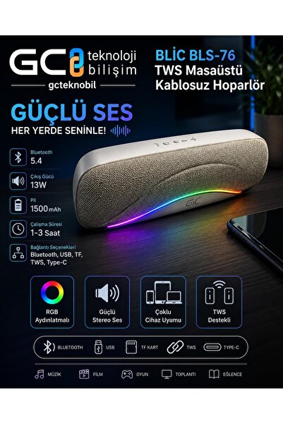 Blic BLS-76 13W RGB Aydınlatmalı 1500 mAh TWS Masaüstü Soundbar Kablosuz Hopa...