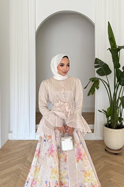 Rimel Moda Nazen Çiçekli Elbise Bej