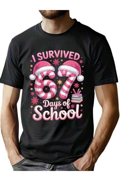 9JY تصميم تي شيرت ممتع "I Survived 67 Pink & Design، مع نص "67 School Days" -...