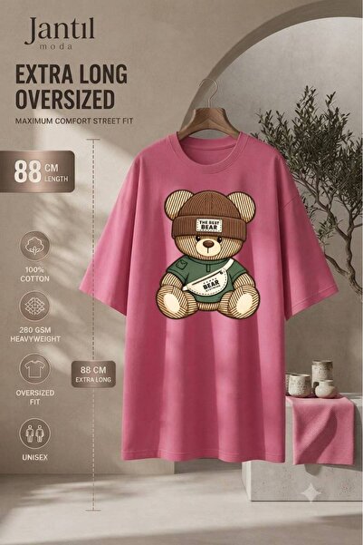 JANTIL MODA Crew Neck Bear Print Extra Long Oversize Tunic T-Shirt with Beret...