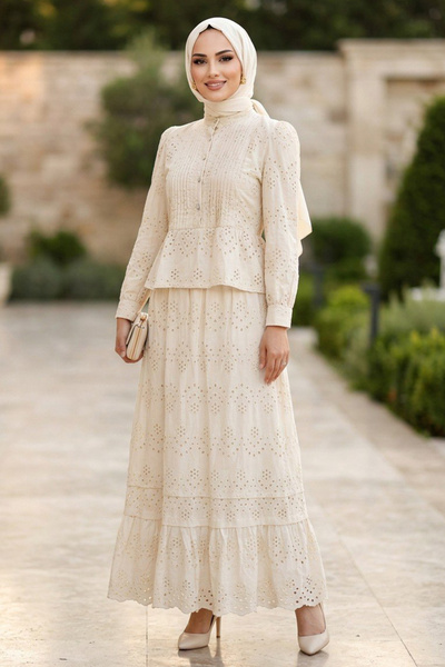 Neva Style Button Detailed Peplum Scallop Beige Hijab Double Set 50063Bej