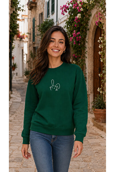 TREND EMMODA Women's Mini Rabbit Printed Round Neck Casual Basic Sweatshirt