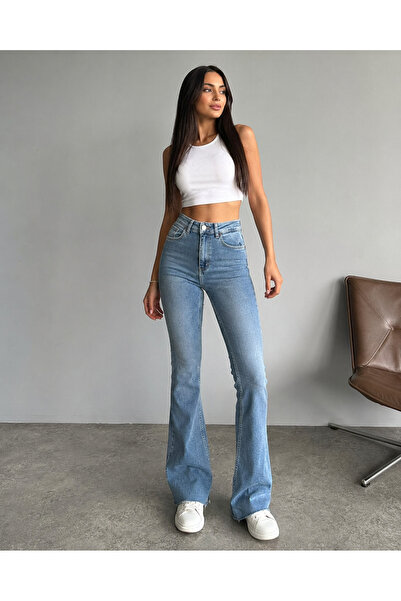 BUZ MAVİ PAÇA KESİK LİKRALI FLARE/İSPANYOL PAÇA ESNEK KOT PANTOLON JEANS