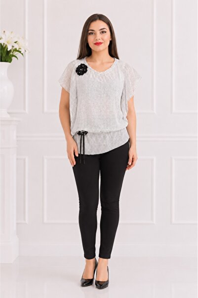 OEM Bluza trendy din voal, nuanta alba cu buline negre si elastic