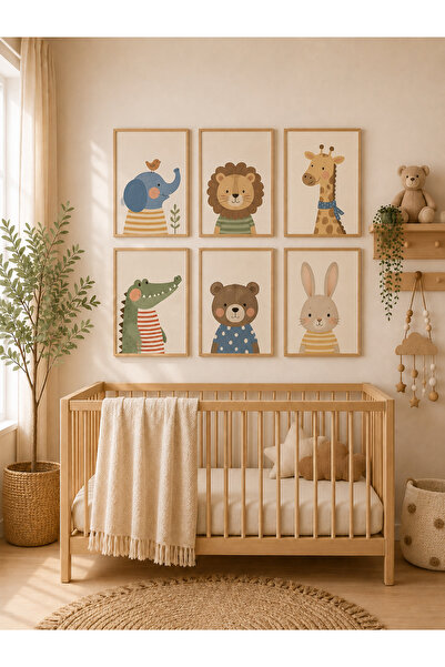 Zerawall 6 Parça MDF Tablo Seti Fil, Aslan, Zürafa, Timsah, Ayı ve Tavşan – S...