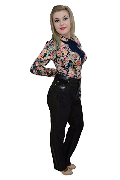 OEM Pantalon in nuanta de negru, material usor lucios, buzunare