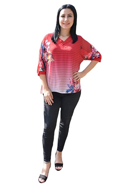 OEM Bluza eleganta, rosie, din material vaporos, cu dungi si flori