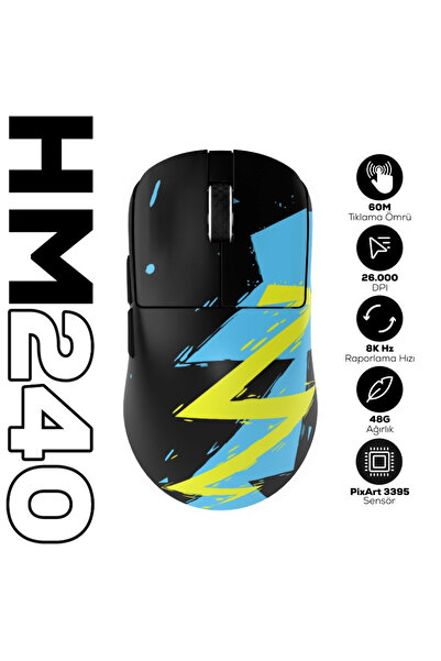 HAWK Gaming HM240 8K Hz 26000 DPI PixArt 3395 Tri-Mode Kablosuz/Bluetooth Siy...