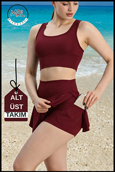 missmaral Kadın Bordo Şortlu Mayo Takımı İçten Boxerlı 2 Katmanlı Cepli Göğüs Pedli Toparlayıcı
