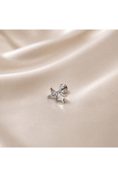 Yonida Jewelry Çelik Tragus Küpesi Gümüş Renk Zirkon Taşlı Minimal Yıldız Tas...