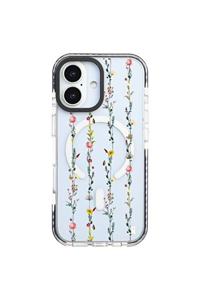 Casen iPhone 17 Yanları Siyah Magsafe Arty Şeffaf Floral Stripes Tasarımlı Pr...