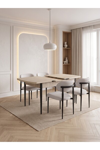 Concept Ayz Home Bella Serisi 4 Kişilik Krem Kumaş 80*130 Traverten Masa Sand...
