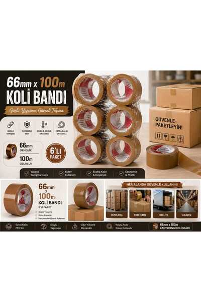 6 ADET Kahverengi Geniş Koli Bandı 66 mm x 100 m Güçlü Yapışkan Ambalaj Paketleme Bandı