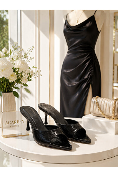 Acarbey Tarhan Stylish Patent Leather Heeled Slippers Black