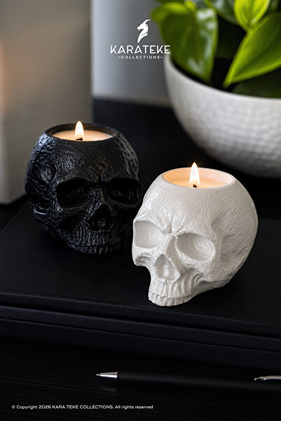 KARA TEKE COLLECTIONS 2'li Modern Dekoratif Gotik Kafatası Beton Tealight Mum...