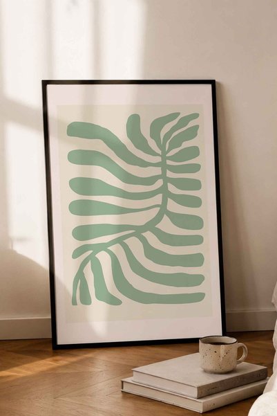 dudekohome Mint Yeşili Yaprak Çerçeveli Tablo Minimal Botanik Duvar Dekoru