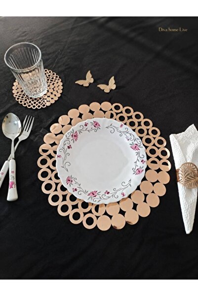 Diva Home طقم تقديم أمريكي ذهبي لامع 35x35 سم |   حامل أكواب 13×13 وحلقة مناد...