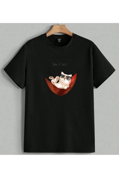 ELFERA Take It Easy Cat Agylamak unisex majica sa štampanjem, crna