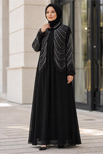 TRENDTESETTÜR KADIN SİYAH TAŞ İŞLEMELİ ŞİFON ABİYE ELBİSE T 9431